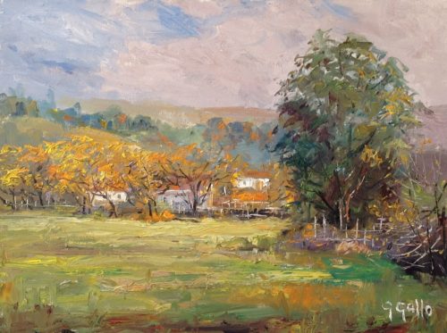 American Legacy Fine Arts presents "Farm Houses in Morning Mist; Las Virgenes Canyon" a painting by George Gallo.