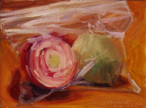 American Legacy Fine Arts presents "Ziplocked Onions" a painting by Jean LeGassick.