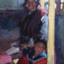 American Legacy Fine Arts presents "Grandmother and Granddaughter at Market" a painting by Jove Wang.