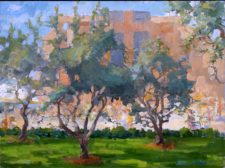 American Legacy Fine Arts presents "Cathedral of Our Lady of the Angels through the Olive Garden" a painting by Peter Adams.