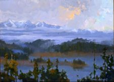 American Legacy Fine Arts presents "Cloud Opening over Trinity Alps; Shasta, California" a painting by Peter Adams.