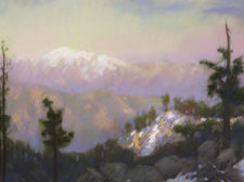 American Legacy Fine Arts presents "View of Mt. Baldy from Mt. Waterman at Dusk" a painting by Peter Adams.