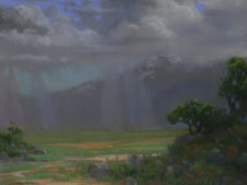 American Legacy Fine Arts presents "Distant Showers at the Bar E Ranch" a painting by Peter Adams.