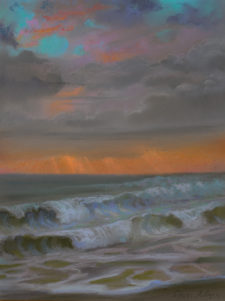 American Legacy Fine Arts presents "Evening Breakers, Oceanside" a painting by Peter Adams.