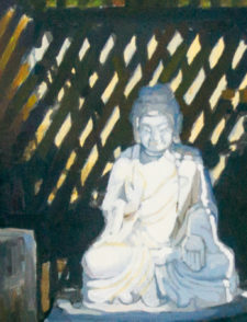 American Legacy Fine Arts presents "Buddha Revealed; Huntington Gardens" a painting by Peter Adams.