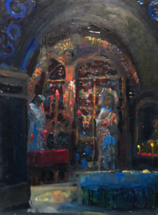 American Legacy Fine Arts presents "Golgotha (Station 12) inside the Church of the Holy Sepulcher" a painting by Peter Adams.