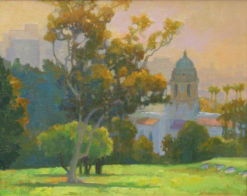 American Legacy Fine Arts presents Hazy Sunrise over El Rodeo Tower a painting by Peter Adams