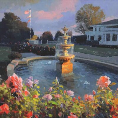 American Legacy Fine Arts presents "Los Angeles Country Club Fountain" a painting by Calvin Liang.