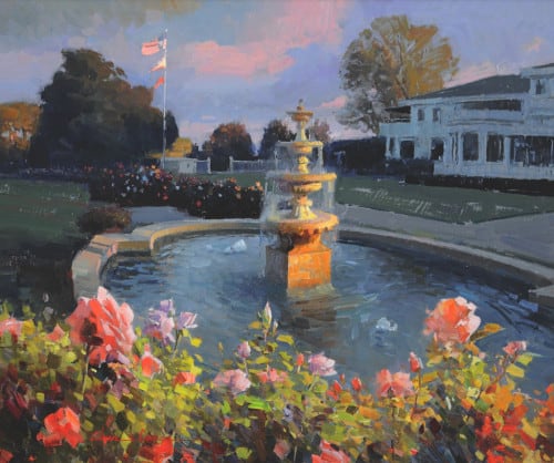 American Legacy Fine Arts presents "Los Angeles Country Club Fountain" a painting by Calvin Liang.