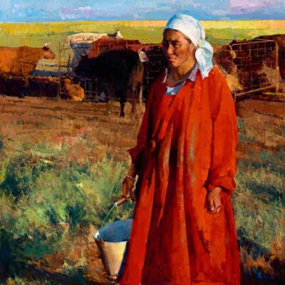 American Legacy Fine Arts presents "Mongolian Woman Milks the Cow" a painting by Jove Wang.