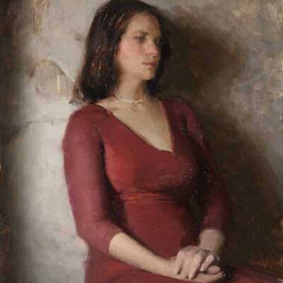 American Legacy Fine Arts presents "Severine, Girl in the Red Dress" a painting by Jeremy Lipking.