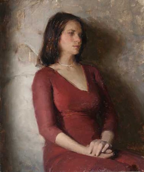 American Legacy Fine Arts presents "Severine, Girl in the Red Dress" a painting by Jeremy Lipking.