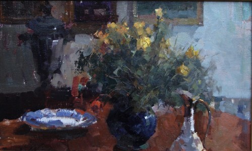 American Legacy Fine Arts presents "Flowers on Repin's Desk" a painting by Jove Wang.