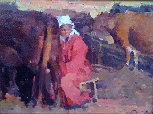 American Legacy Fine Arts presents "Milk Woman Under the Sunset" a painting by Jove Wang.