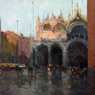 American Legacy Fine Arts presents "Rainy Day at Piazza San Marco" a painting by Jove Wang.
