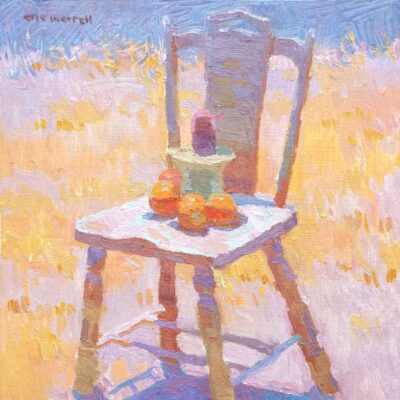 American Legacy Fine Arts presents "Potted Cactus and Oranges ona Chair" a painting by Eric Merrell.