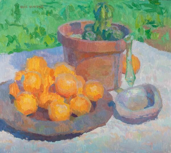 American Legacy Fine Arts presents "Still Life with Oranges and Abalone Shell" a painting by Eric Merrell.