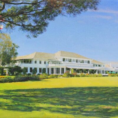 American Legacy Fine Arts presents "LACC 9; Clubhouse from the 18th" a painting by Alexander V. Orlov.