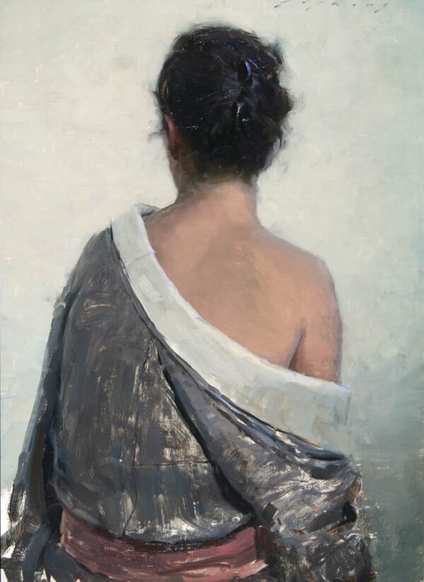 American Legacy Fine Arts presents "Pilar in Grey Kimono" a painting by Jeremy Lipking.