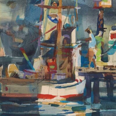 American Legacy Fine Arts presents "Untitled; Boats with Flags" a painting by Robert E. Wood (1926-1999).
