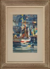 American Legacy Fine Arts presents "Untitled; Boats with Flags" a painting by Robert E. Wood (1926-1999).