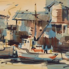 American Legacy Fine Arts presents "Untitled; Harbor Scene" a painting by Robert E. Wood (1926-1999).