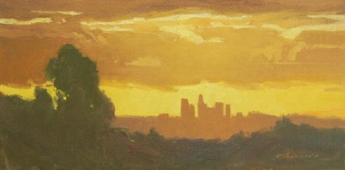 American Legacy Fine Arts presents "Stormy Sunset over L.A." a painting by Frank Serrano.