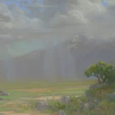 American Legacy Fine Arts presents "Distant Showers at the Bar E Ranch; North Side of Mt. Shasta" a painting by Peter Adams.