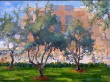 American Legacy Fine Arts presents "Cathedral of Our Lady of Angeles through the Olive Garden" a painting by Peter Adams.