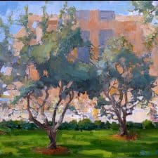 American Legacy Fine Arts presents "Cathedral of Our Lady of Angeles through the Olive Garden" a painting by Peter Adams.