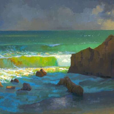 American Legacy Fine Arts presents "Afternoon Storm Clouds over Leo Carillo Beach" a painting by Peter Adams.