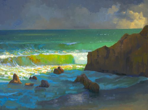 American Legacy Fine Arts presents "Afternoon Storm Clouds over Leo Carillo Beach" a painting by Peter Adams.