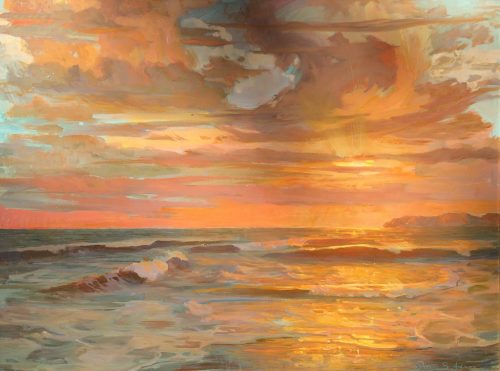 American Legacy Fine Arts presents "Autumn Sunset; St. Malo beach" a painting by Peter Adams.