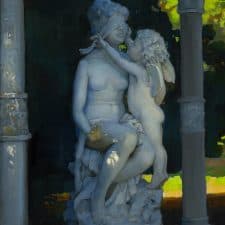American Legacy Fine Arts presents "Cupid and Psyche; Huntington Gardens" a painting by Peter Adams.