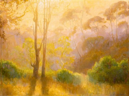 American Legacy Fine Arts presents "First Morning Light; Batiquitos Lagoon, California" a painting by Peter Adams.