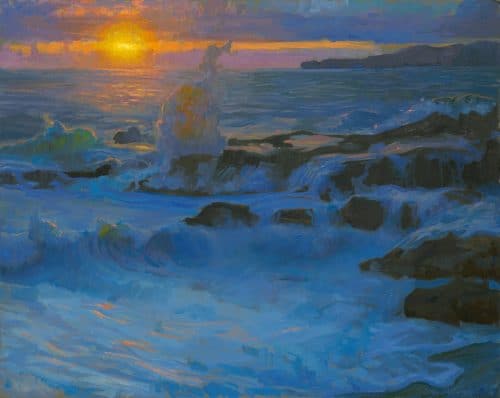 American Legacy Fine Arts presents "Surge at Sunset" a painting by Peter Adams.