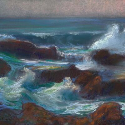 American Legacy Fine Arts presents "Surging Waves at Treasure Island; Laguna Beach" a painting by Peter Adams.