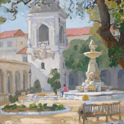 American Legacy Fine Arts presents "Under the Oak; Pasadena City Hall" a painting by Peter Adams.