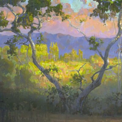 American Legacy Fine Arts presents "View of Amir's Garden at Sunrise; Griffith Park" a painting by Peter Adams.