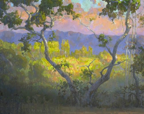 American Legacy Fine Arts presents "View of Amir's Garden at Sunrise; Griffith Park" a painting by Peter Adams.