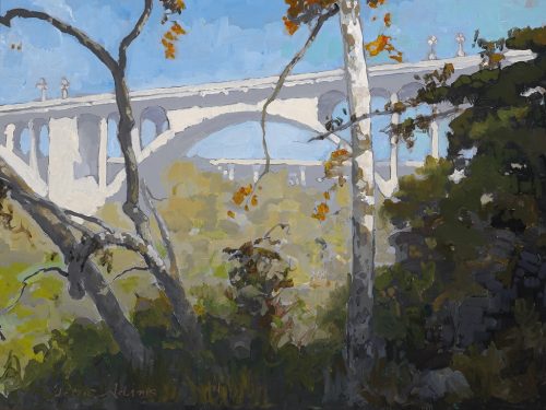 American Legacy Fine Arts presents "View of Colorado Street Bridge through the Sycamores" a painting by Peter Adams.