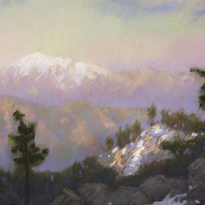 American Legacy Fine Arts presents "View from Mt. Baldy from Mt. Waterman at Dusk" a painting by Peter Adams.