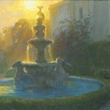American Legacy Fine Arts presents "Neptune's Fountain at Sunset, Huntington Gardens, San Marino" a painting by Peter Adams
