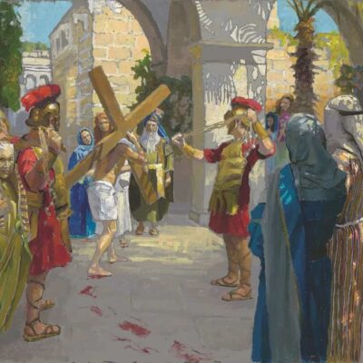American Legacy Fine Arts presents "14 Stations of the Cross (2) Jesus is Given the Cross" a painting by Peter Adams.