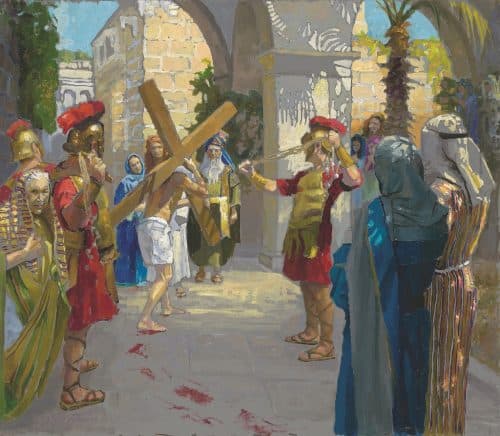 American Legacy Fine Arts presents "14 Stations of the Cross (2) Jesus is Given the Cross" a painting by Peter Adams.