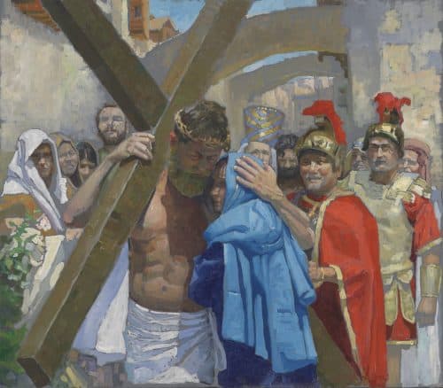 American Legacy Fine Arts presents "14 Stations of the Cross (4) Jesus Meets His Mother" a painting by Peter Adams.