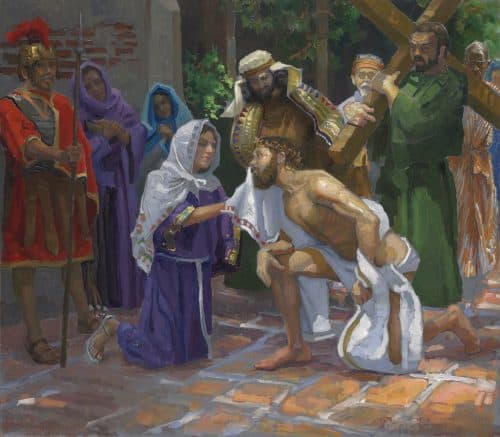 American Legacy Fine Arts presents "14 Stations of the Cross (6) Veronica Wipes Jesus' Face" a painting by Peter Adams.