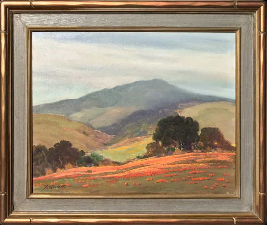 American Legacy Fine Arts presents "Untitled (California Landscape with Oaks and Poppies)" a painting by George Sanders Bickerstaff.