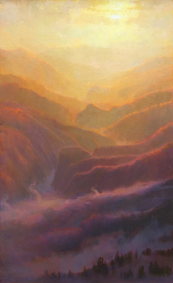 American Legacy Fine Arts presents "Mist and Mountains, Sunset over the San Gabriels" a painting by Peter Adams.