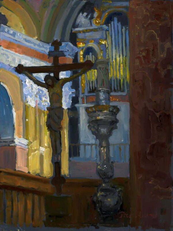 American Legacy Fine Arts presents "Altar at the Church of St. Saviour, Jerusalem" a painting by Peter Adams.